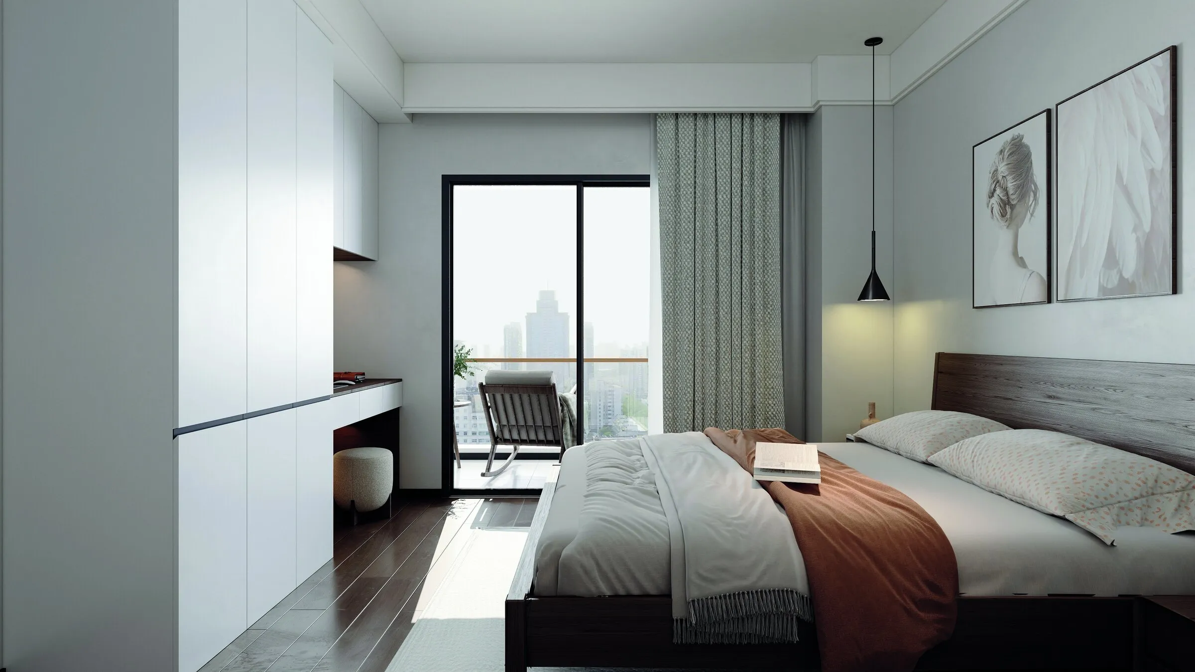 Bedroom with a double bed, a wardrobe wall and a glass door to the balcony