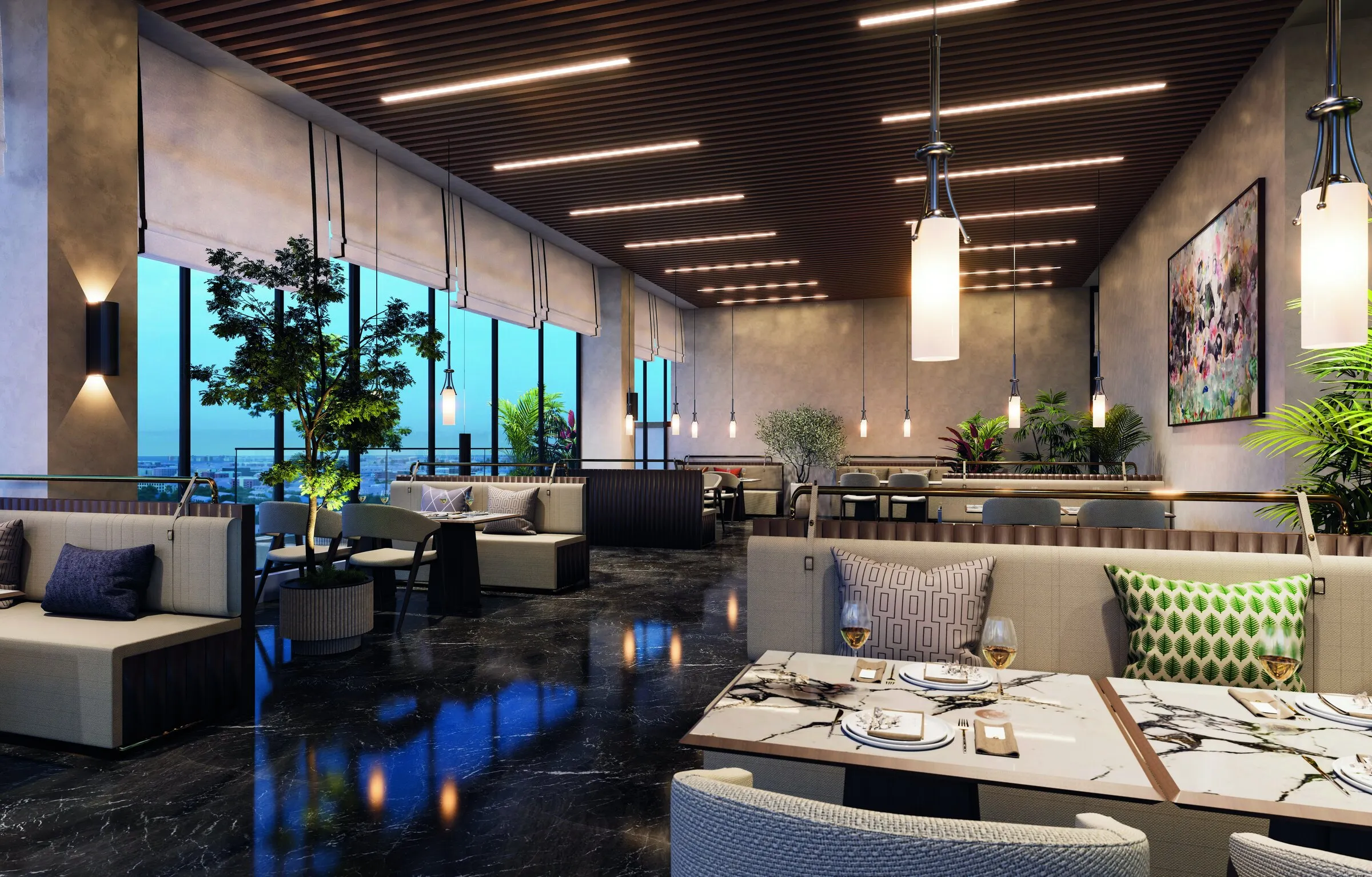 Coffee bar and lounge with sofas, pendant lights and city views
