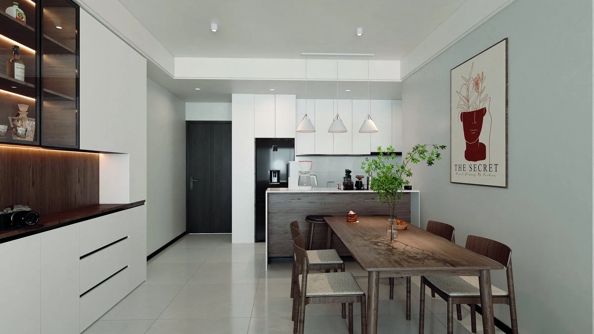 Dining table for six beside the kitchen, with a display cabinet on the wall