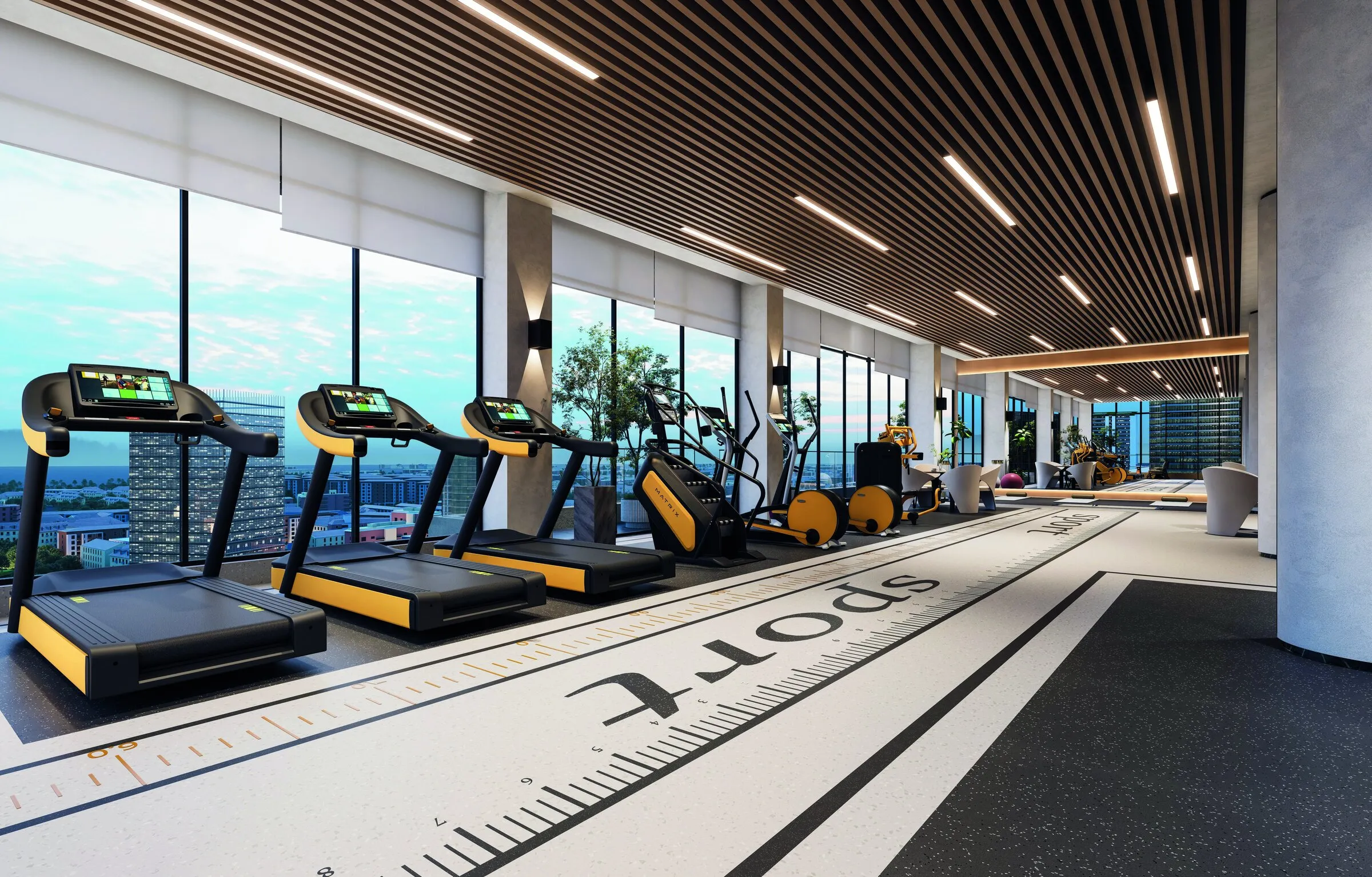 Fitness centre with treadmills along a full-height window