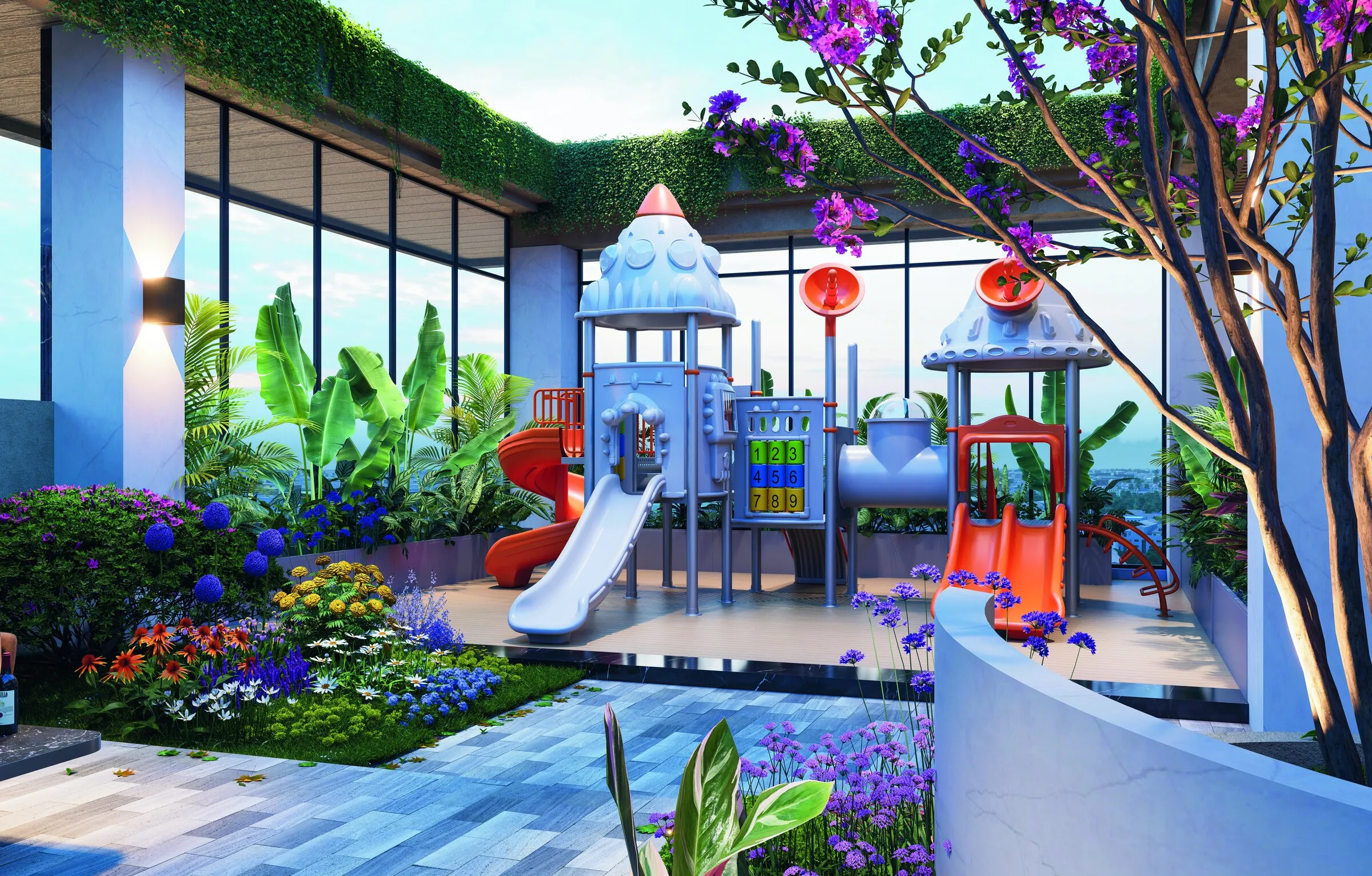 Children’s play area with slides among planted gardens