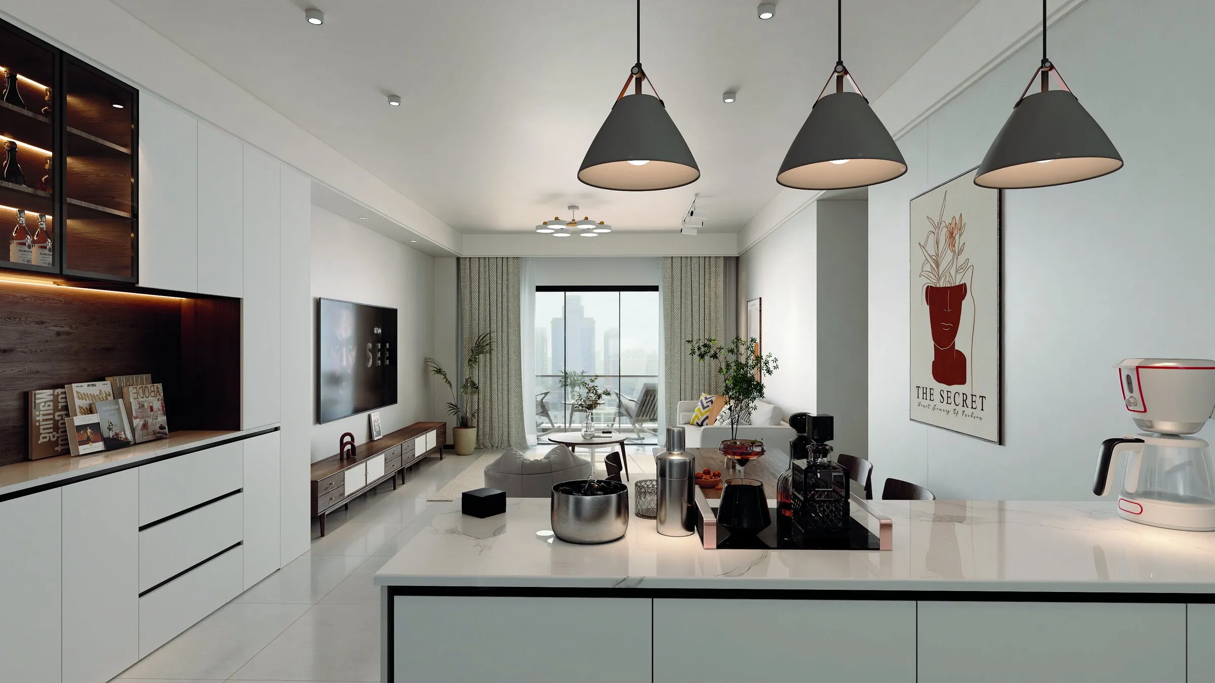 Open kitchen with a white island and pendant lights, leading to the living room