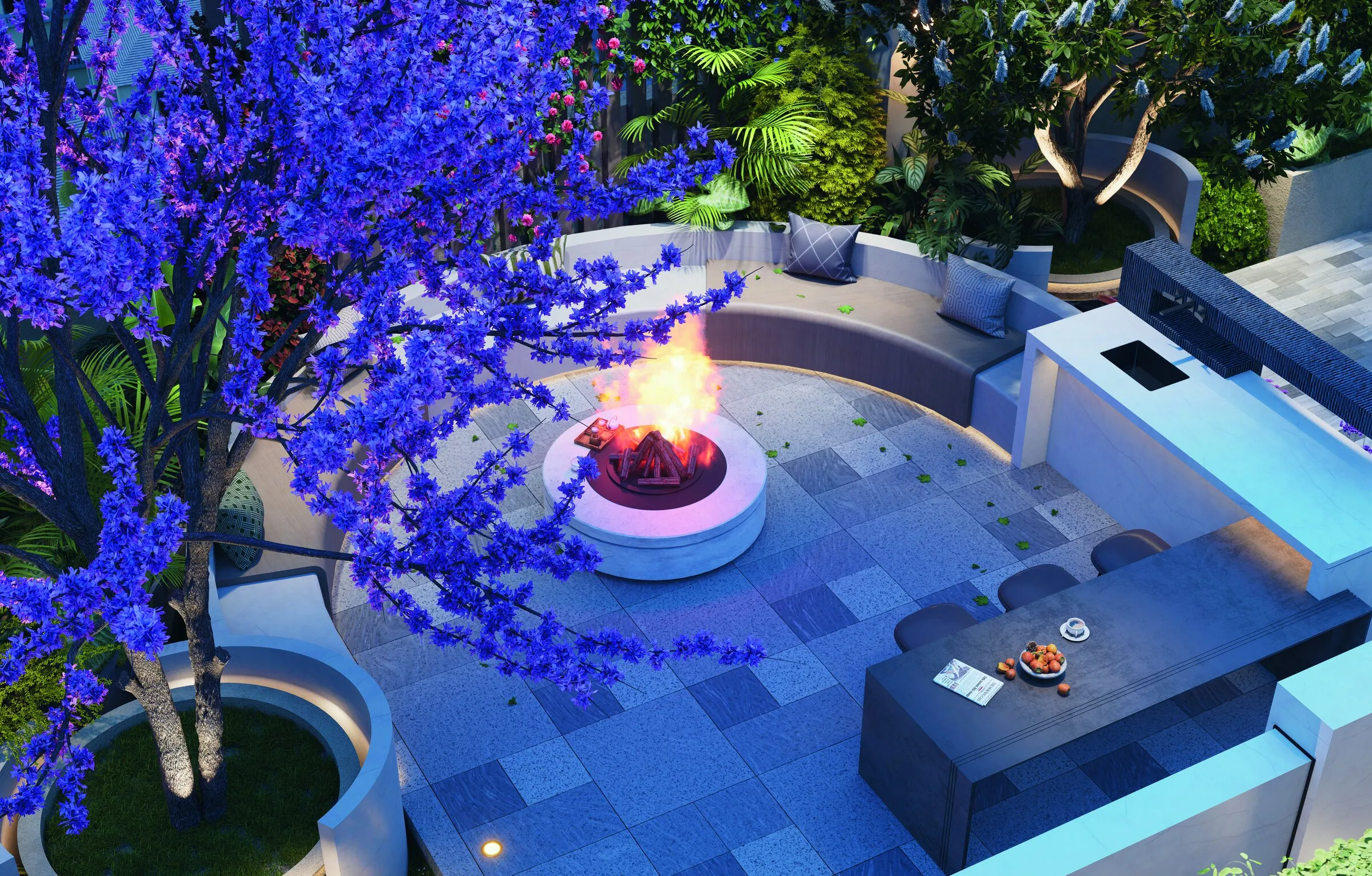 Outdoor seating around a fire pit, under a flowering tree