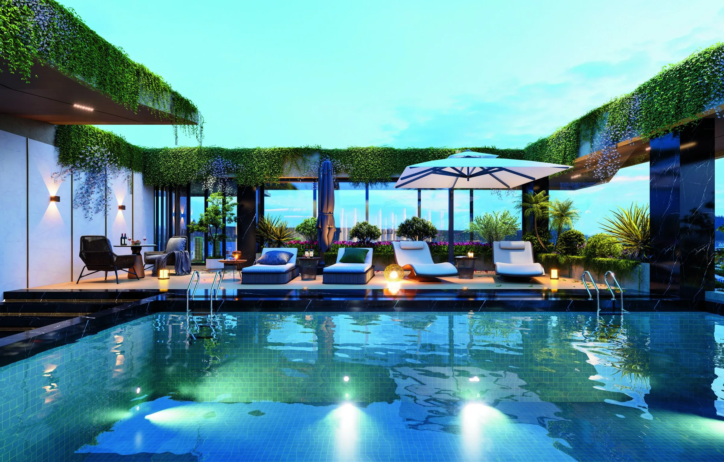 Heated rooftop pool with loungers and an umbrella at dusk